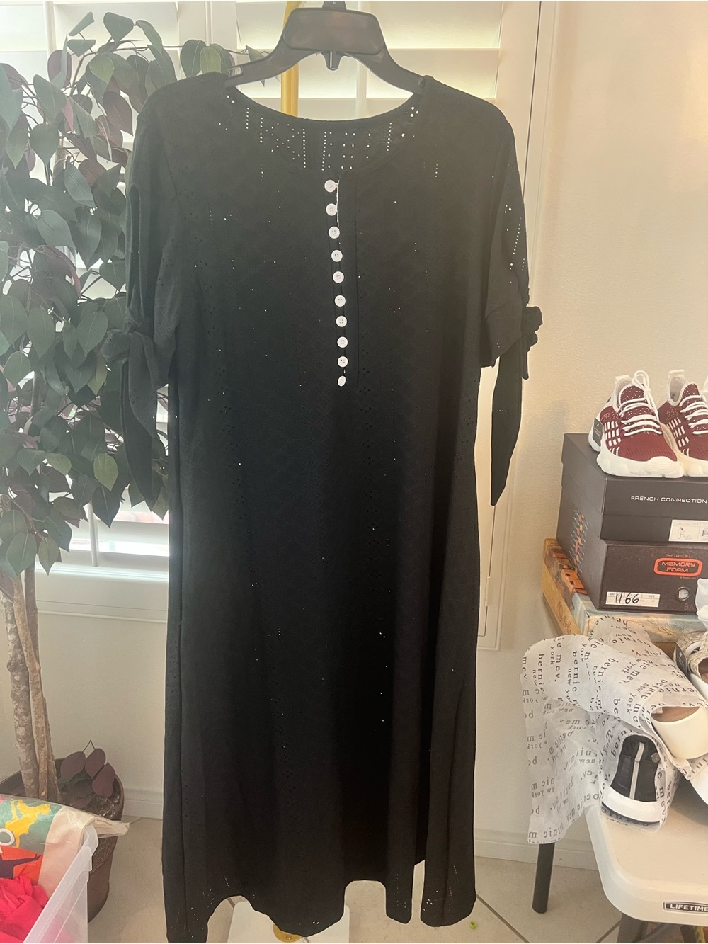 Black Button-Front Knit Dress with Tie Sleeves